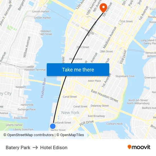 Batery Park to Hotel Edison map