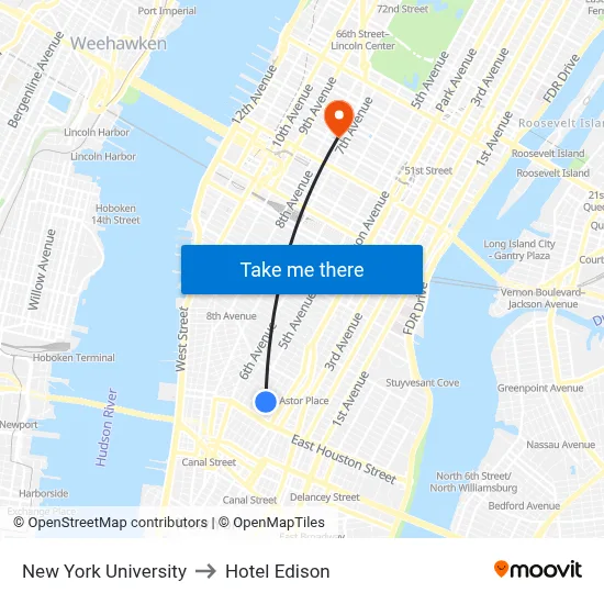 New York University to Hotel Edison map