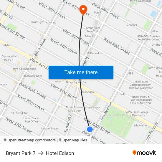 Bryant Park 7 to Hotel Edison map