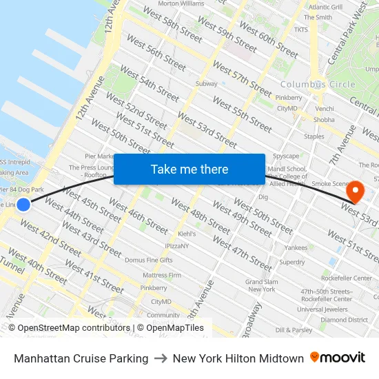 Manhattan Cruise Parking to New York Hilton Midtown map