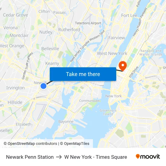 Newark Penn Station to W New York - Times Square map