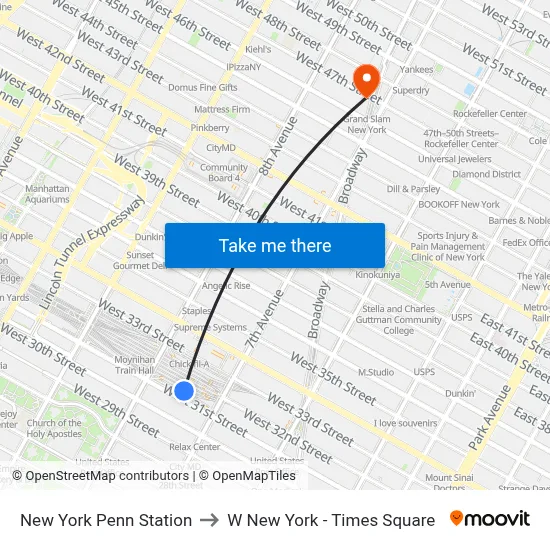 New York Penn Station to W New York - Times Square map