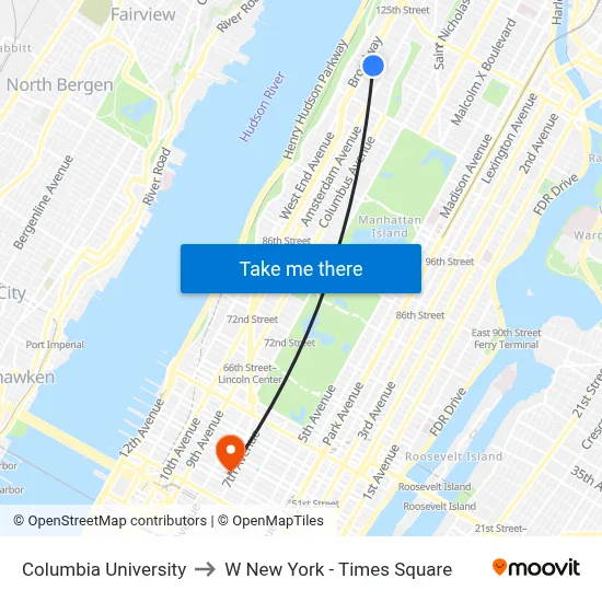 Columbia University to W New York - Times Square map