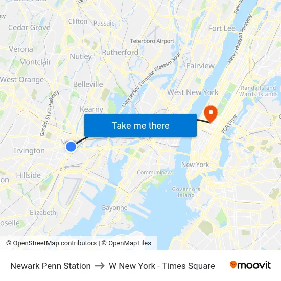 Newark Penn Station to W New York - Times Square map