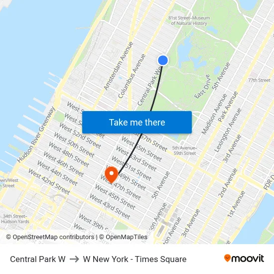 Central Park W to W New York - Times Square map
