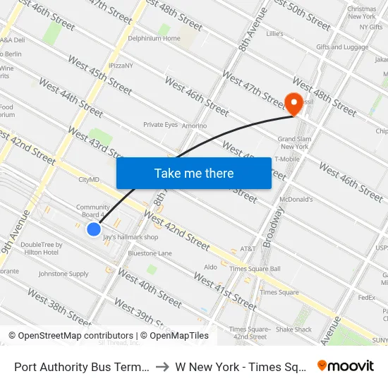 Port Authority Bus Terminal to W New York - Times Square map