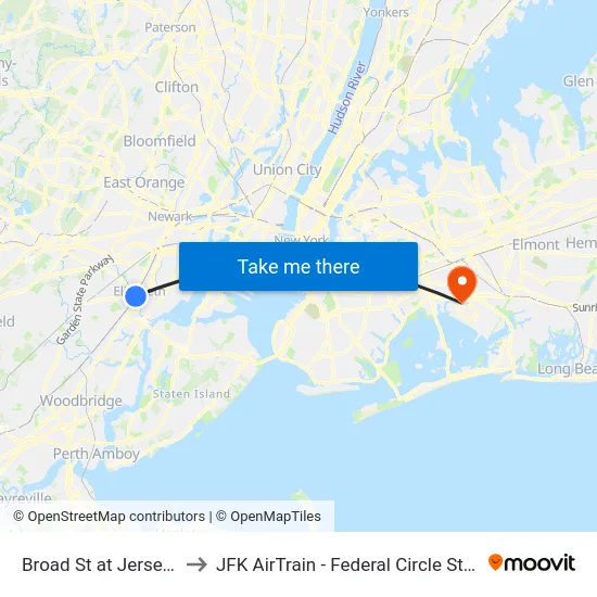Broad St at Jersey St to JFK AirTrain - Federal Circle Station map