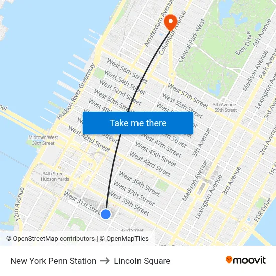 New York Penn Station to Lincoln Square map