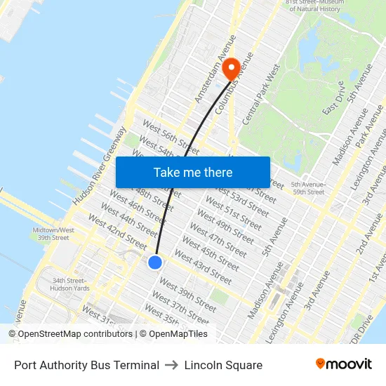 Port Authority Bus Terminal to Lincoln Square map
