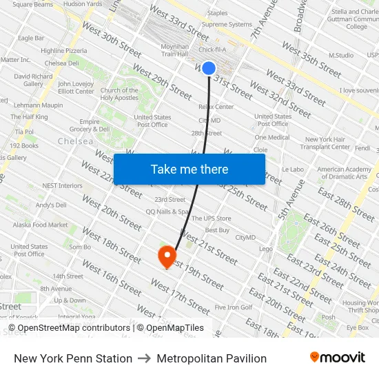 New York Penn Station to Metropolitan Pavilion map