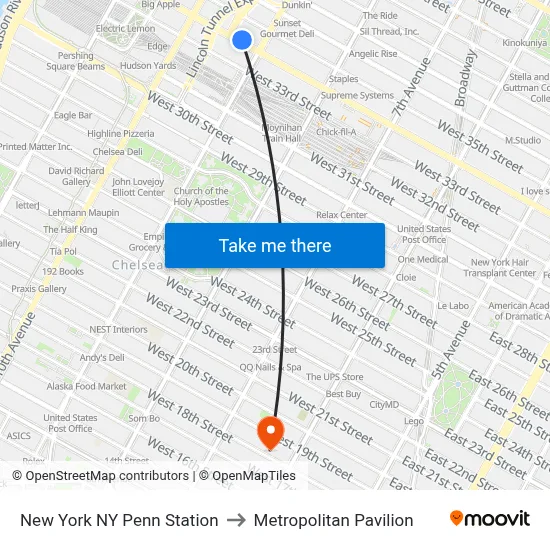 New York NY Penn Station to Metropolitan Pavilion map