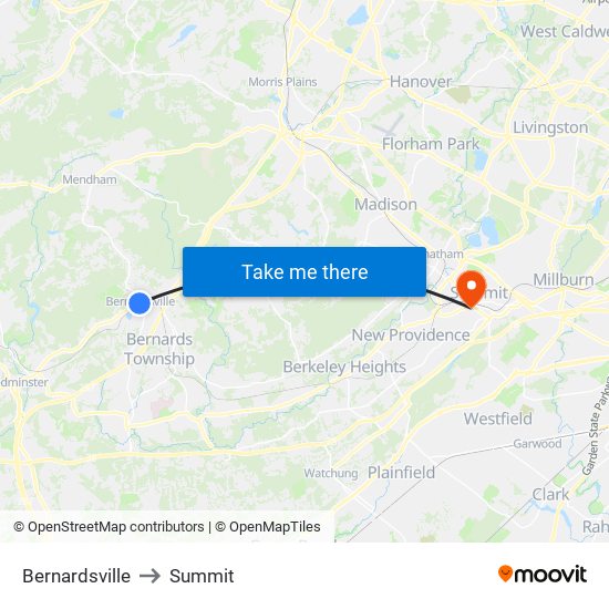 Bernardsville to Summit map