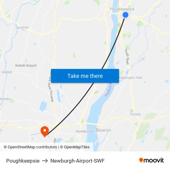 Poughkeepsie to Newburgh-Airport-SWF map