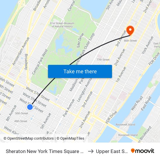 Sheraton New York Times Square Hotel to Upper East Side map