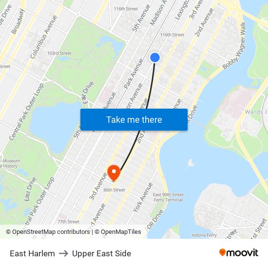 East Harlem to Upper East Side map