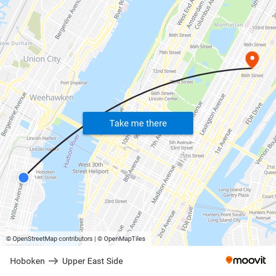 Hoboken to Upper East Side map