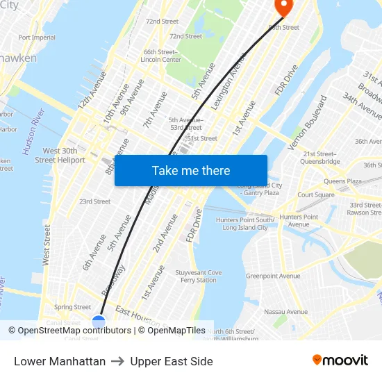 Lower Manhattan to Upper East Side map