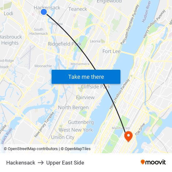 Hackensack to Upper East Side map