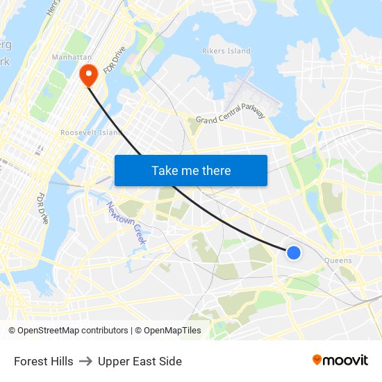 Forest Hills to Upper East Side map