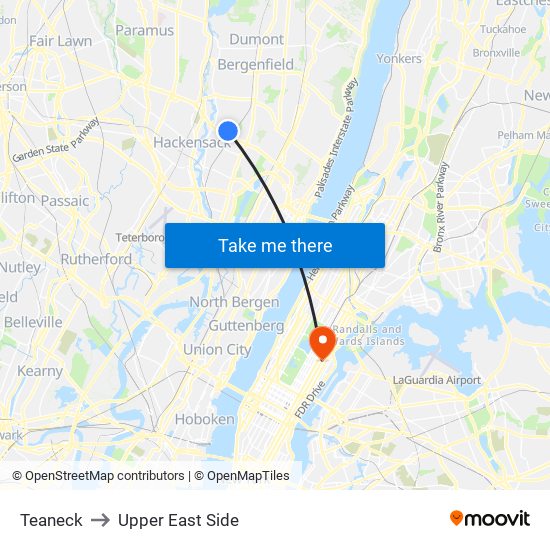 Teaneck to Upper East Side map