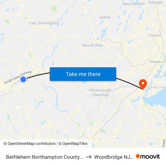 Bethlehem Northampton County PA USA to Woodbridge NJ USA map