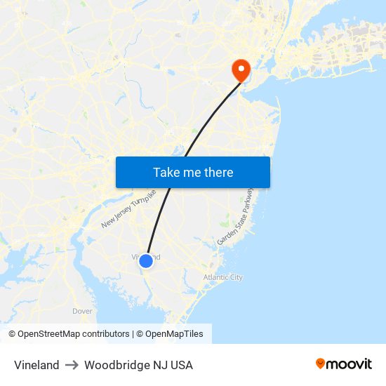 Vineland to Woodbridge NJ USA map
