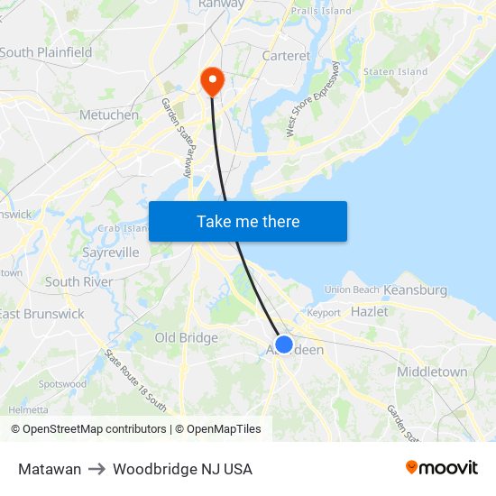 Matawan to Woodbridge NJ USA map