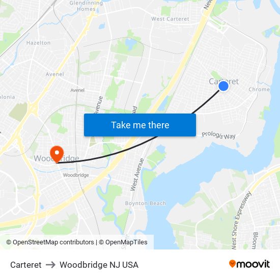 Carteret to Woodbridge NJ USA map