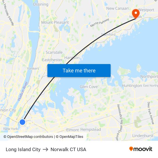 Long Island City to Norwalk CT USA map