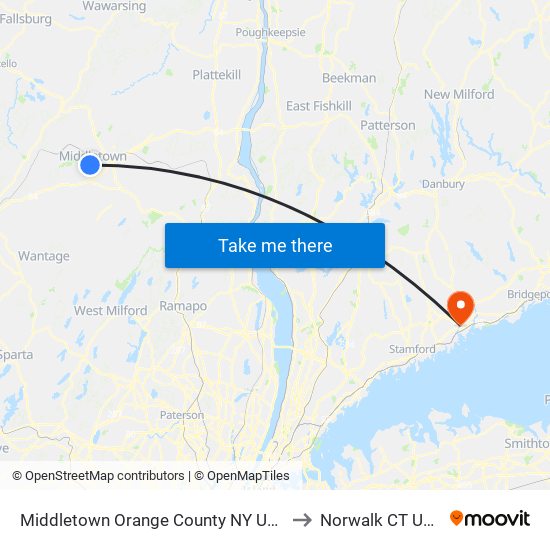 Middletown Orange County NY USA to Norwalk CT USA map