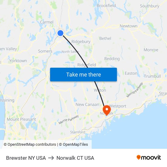 Brewster NY USA to Norwalk CT USA map