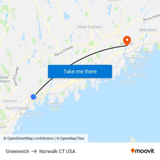 Greenwich to Norwalk CT USA map