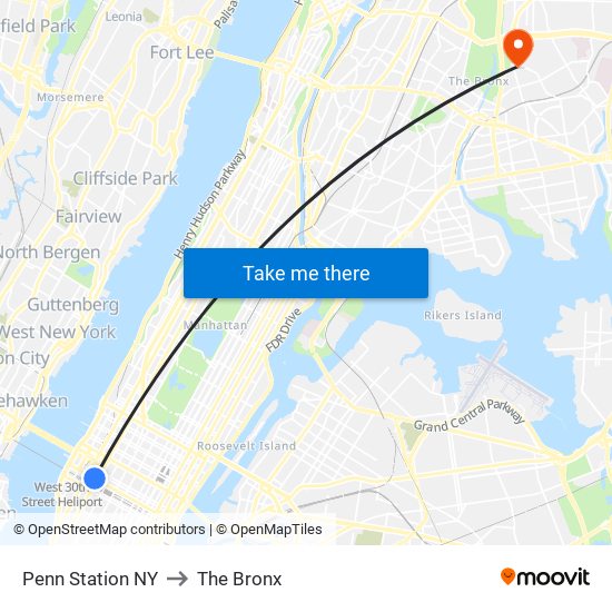 Penn Station NY to The Bronx map