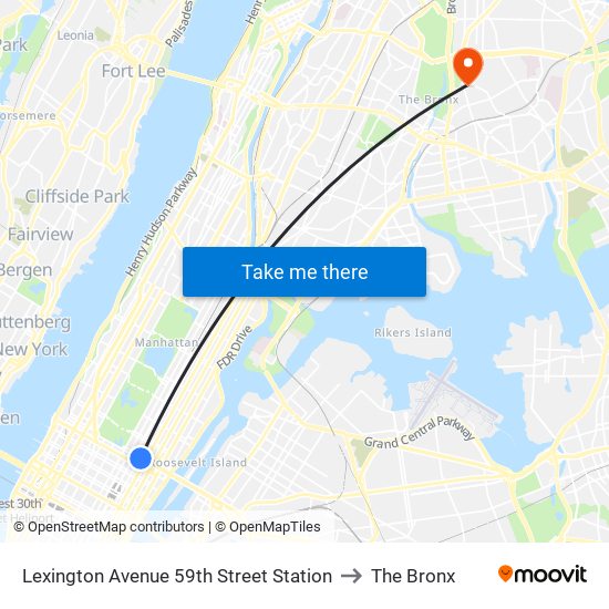 Lexington Avenue 59th Street Station to The Bronx map