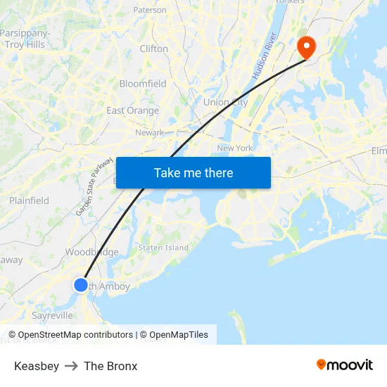 Keasbey to The Bronx map