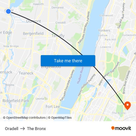 Oradell to The Bronx map