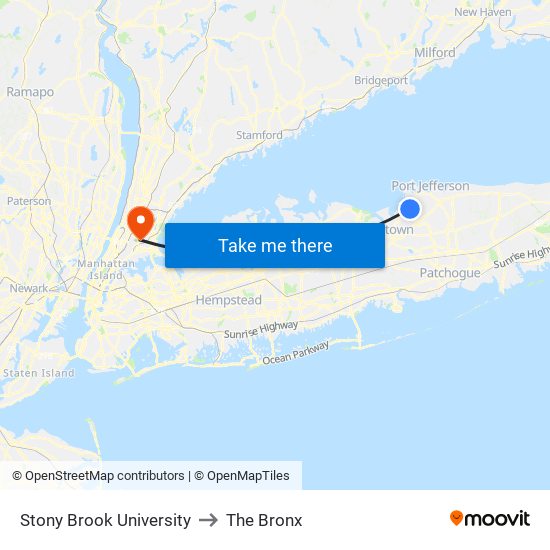 Stony Brook University to The Bronx map