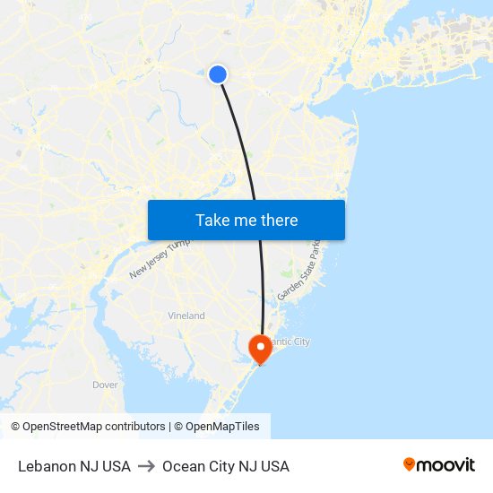 Lebanon NJ USA to Ocean City NJ USA map