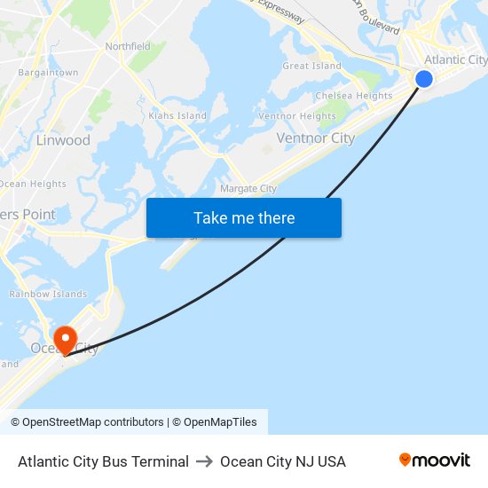 Atlantic City Bus Terminal to Ocean City NJ USA map