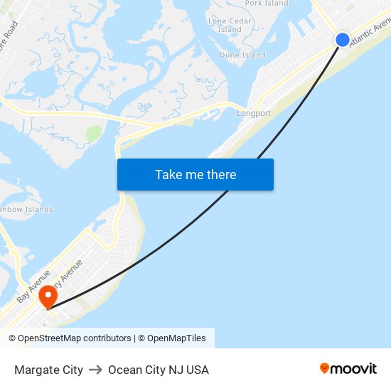 Margate City to Ocean City NJ USA map