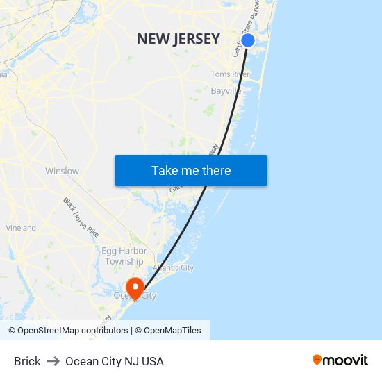 Brick to Ocean City NJ USA map