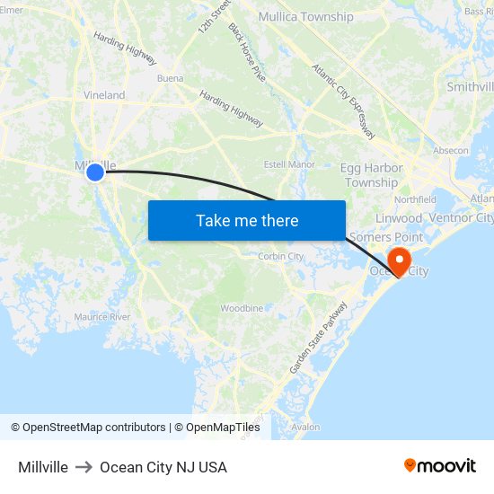 Millville to Ocean City NJ USA map