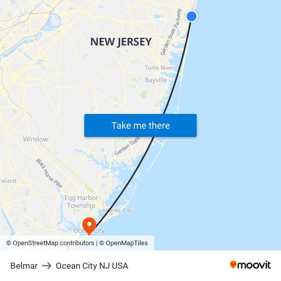 Belmar to Ocean City NJ USA map