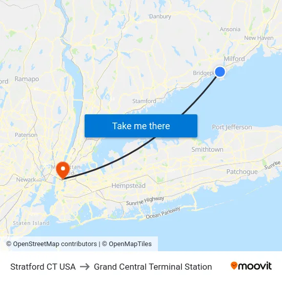 Stratford CT USA to Grand Central Terminal Station map