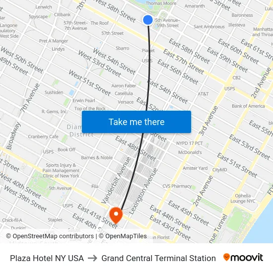 Plaza Hotel NY USA to Grand Central Terminal Station map