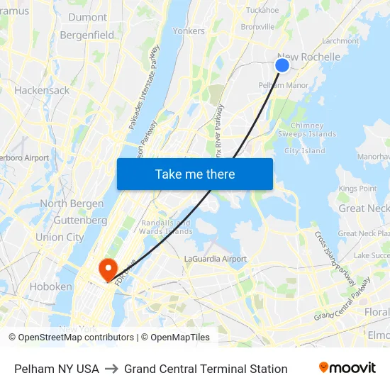 Pelham NY USA to Grand Central Terminal Station map