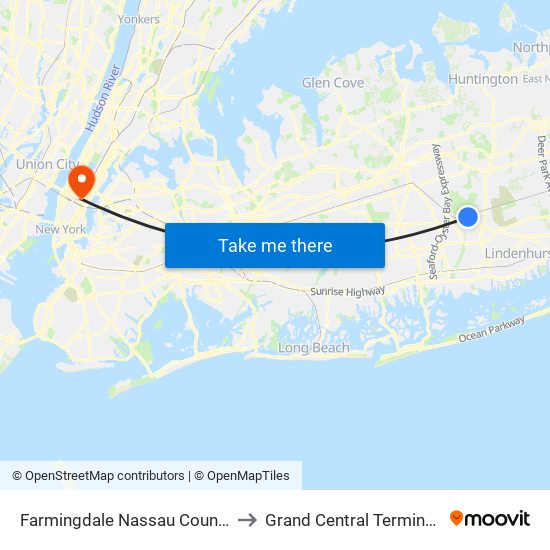 Farmingdale Nassau County NY USA to Grand Central Terminal Station map