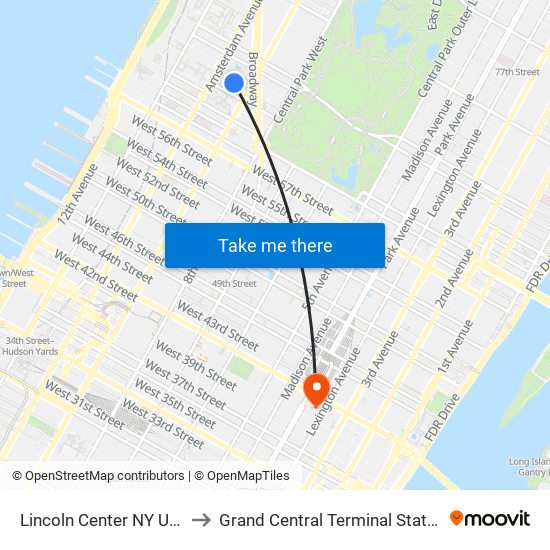 Lincoln Center NY USA to Grand Central Terminal Station map