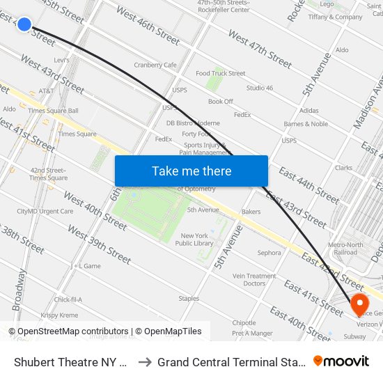 Shubert Theatre NY USA to Grand Central Terminal Station map