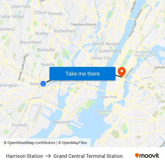 Harrison Station to Grand Central Terminal Station map